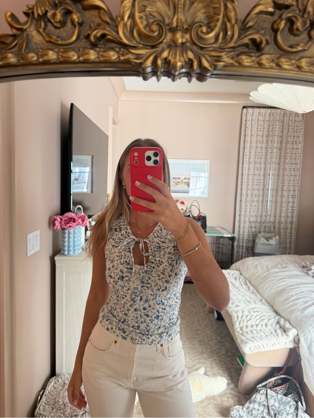 Floral Tie-Front Halter Top in Blue and White